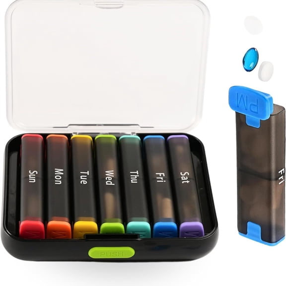 Weekly Pill Organizer 2 Times a Day, Large Travel Pill Box 7 Day, Am Pm Twice Daily Pill Case with Rotatable Handle, Pill Holder Container for Vitamin, Medicine, Supplement, Translucent-Black