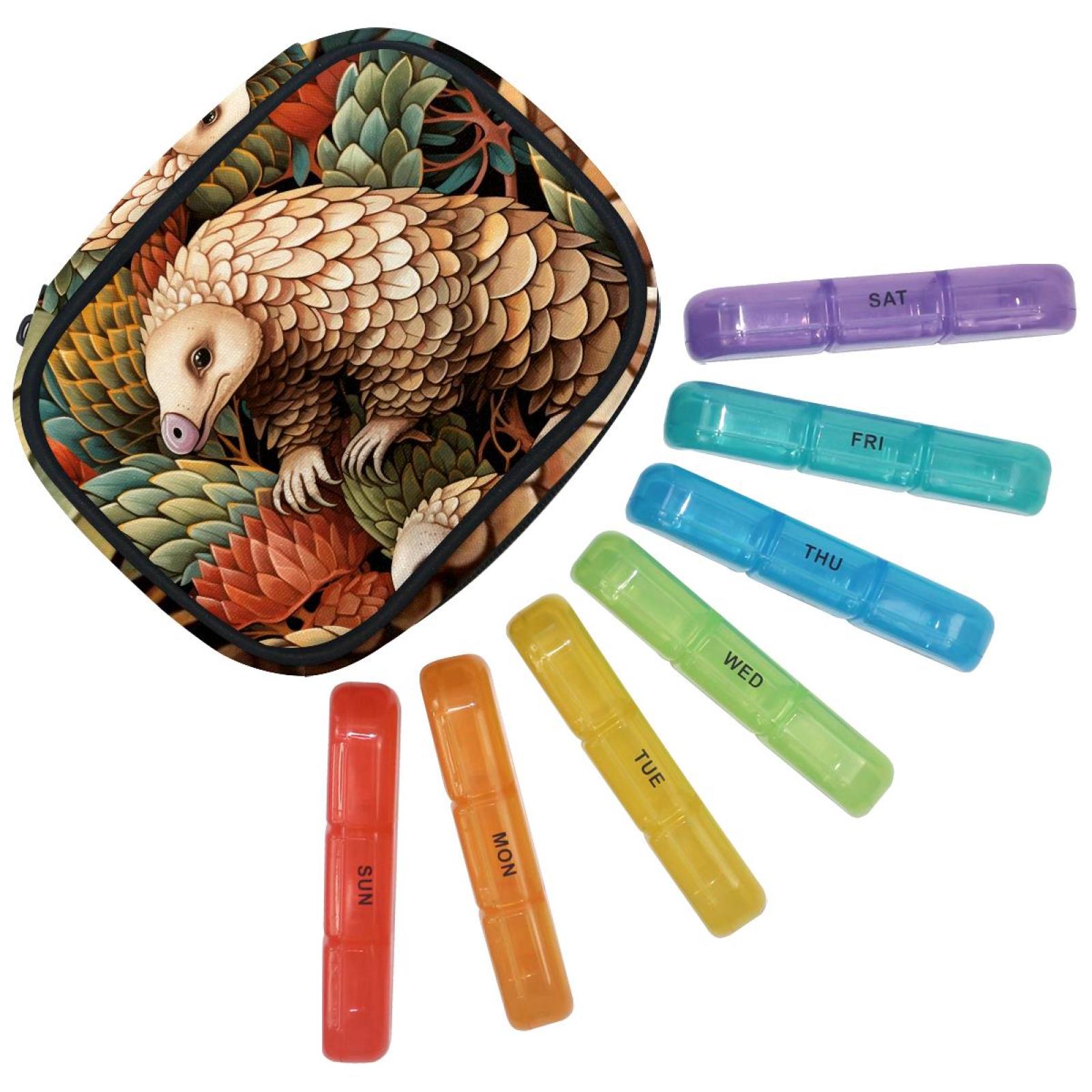 Weekly Pill Organizer 3 Times a Day with Zipper Cloth Bag 7 Day Pill Box Portable Rainbow Pill Case for Vitamins Fish Oils Supplements Unique Pangolin
