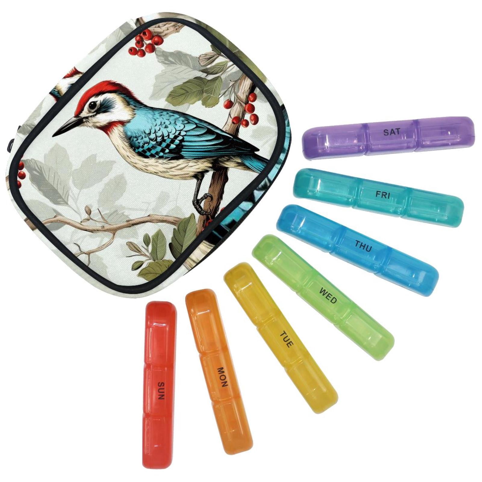 Weekly Pill Organizer 3 Times a Day with Zipper Cloth Bag 7 Day Pill Box Portable Rainbow Pill Case for Vitamins Fish Oils Supplements Woodpecker