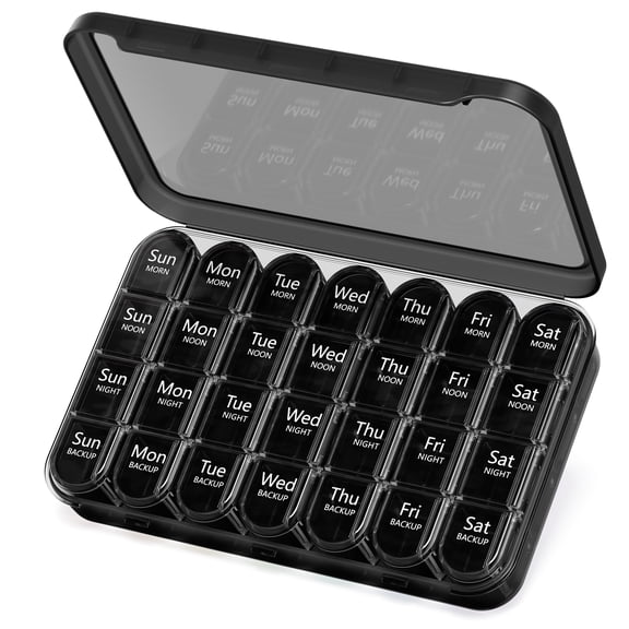 Weekly Pill Organizer 4 Times a Day, 7 Day Pill Box Case for Travel, Large Medication Container for Daily Vitamin and Medicine, with Portable Compartments (Black)