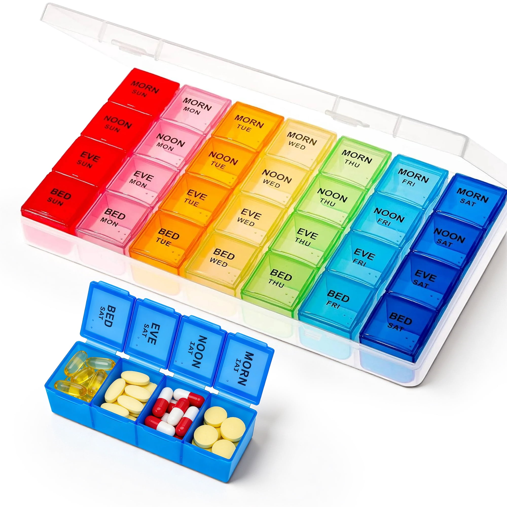 Weekly Pill Organizer 4 Times a Day, 7 Day Pill Box with 28 Compartments, Colorful Pill Case for Vitamins, Supplements, Medication