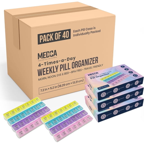 Weekly Pill Organizer - 4-Times-a-Day Pill Planner Pill Box Separates Pills & Vitamins with Daily Morning, Noon, Evening & Night Compartments, Travel Medication Reminder Monday to Sunday (Case of 40)