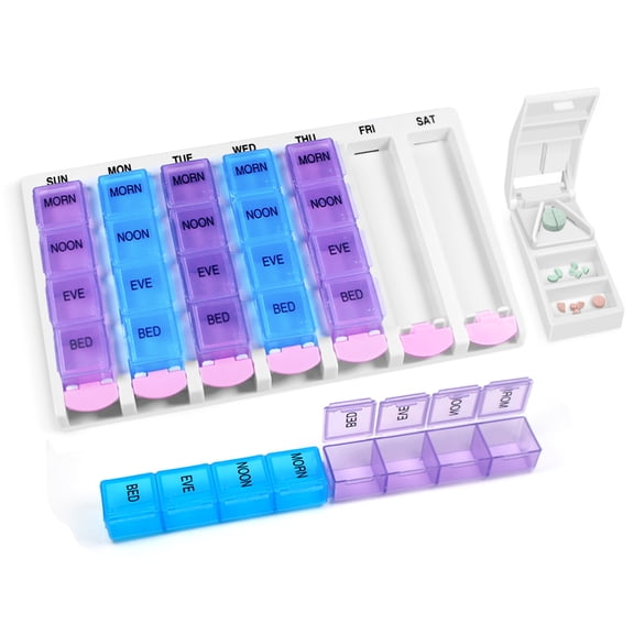 Weekly Pill Organizer 4 Times a Day with Pill Cutter, 7-Day Travel Pill Box with 28 Compartments, for Adults & Seniors