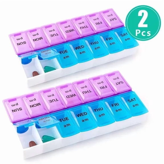Weekly Pill Organizer 7 Day 2 Pack, Detachable Pill Box for Twice a Day or 2 Weeks, Portable Daily Pill Case for Travel, Moisture-Proof Medication Reminder for Vitamins & Supplements