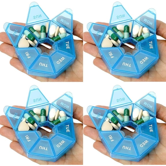 Weekly Pill Organizer - 7 Day Small Case for 1 Time a Day Medicine, Travel Container, Daily Holder (4pcs Blue)