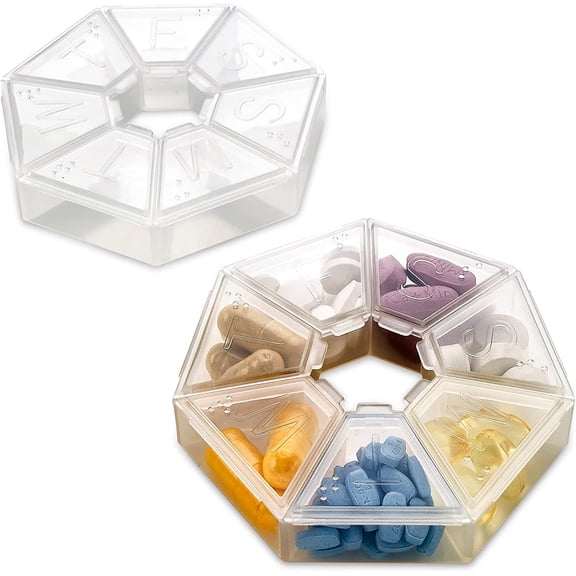 Weekly Pill Organizer Clear 7-Sided Pill Reminder, Round Shaped -2 Pack - Plastic