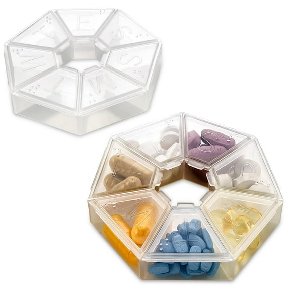 Weekly Pill Organizer Clear 7-Sided Pill Reminder, Round Shaped -2 Pack - Plastic