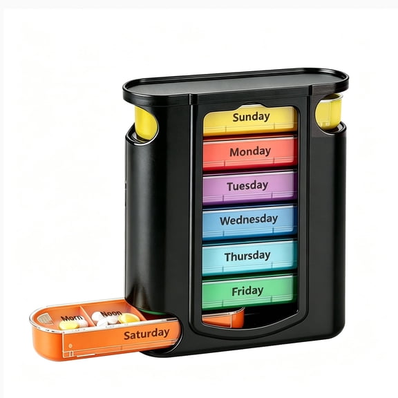 Weekly Pill Organizer, Four Times-a-Day,Easy to Open, Large Capacity, Portable, Black, 1 Pack