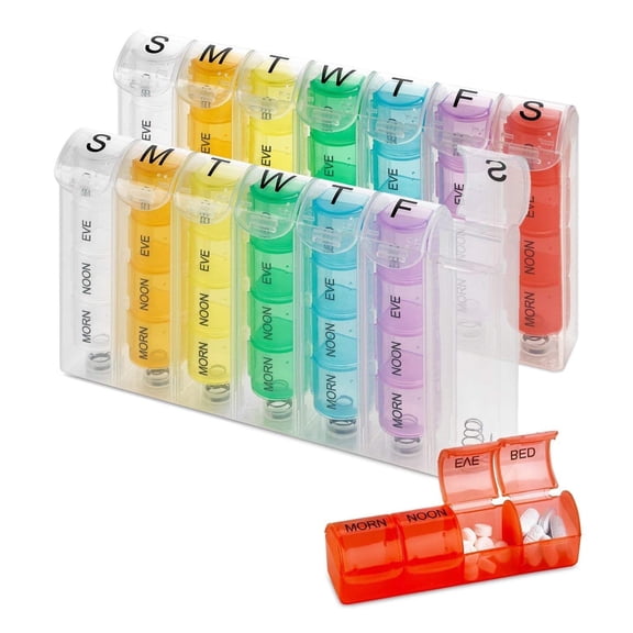 Weekly Pill Organizer - (Pack of 2) Pill Planners for Pills & Vitamins Each Day Week, Four Times-a-Day Medication Reminder, Easy to Read AM/PM Compartments Monday to Sunday for Travel & Purse