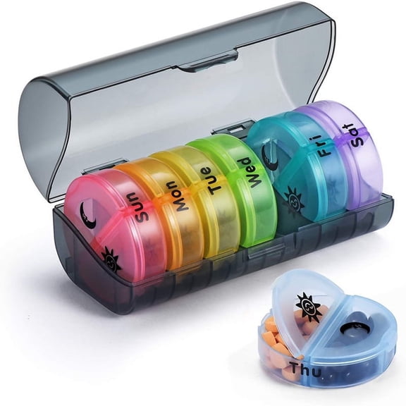 Weekly Pill Organizer Pill Box 2 Times a Day (AM/PM) 7 Day Pill Case, Round Travel Medicine Organizer Large Daily Pill Container
