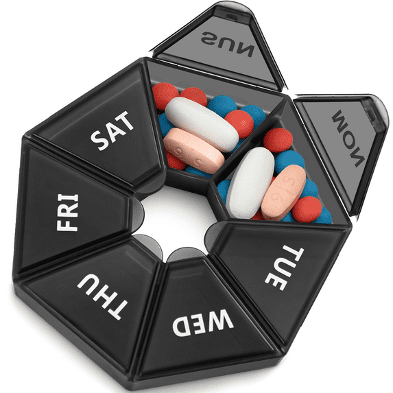 Weekly Pill Organizer,XL 7-Sided Portable Pill Box Medicine case for Vitamin/Fish Oil/Pills/Supplements-Arthritis Friendly