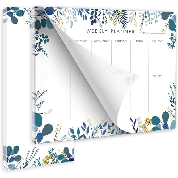 Weekly Planner Notepad Tear Off Set of 2 Calendar Pad 52 Undated To Do List Sheets Desk Planning Pads Productivity Tracker for Work Goals Notes Schedule Ideas, Floral Blue