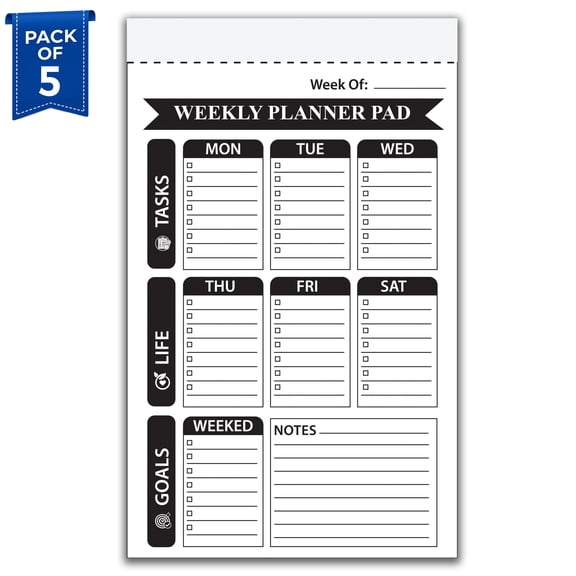 Weekly Planner Pad Notepad Pack of 5, 5.5 x 8.5 Inch Undated Weekly Schedule Organizer with 50 Sheets, Weekly Productivity Planner with Goals, Tasks & Notes for Work, School & Home