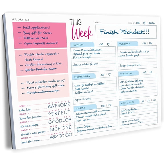 Weekly Planner Pad - Undated Planner - To Do List Notepad - Habit Tracker - 11 x 8.5" - 52 Tear-Off Sheets - Daily Planner Undated for Home Work Office Business - Goal Planne- Cute Planner (Pink)