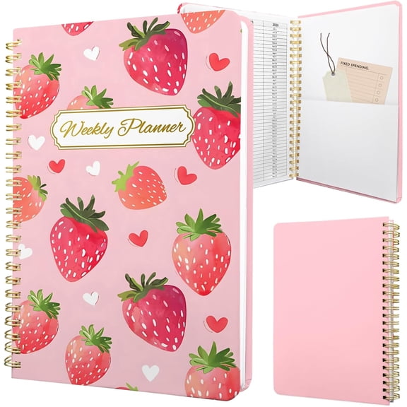 Weekly Planner Undated - 52 Weeks To Do List Notebook A5 for Work: Weekly Task, Habit Tracker Journal, Goal Setting, Agenda Sprial Bound Organizer Book Women Cute Stylish Design, Strawberry