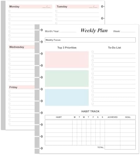 Weekly Planner Undated Refills - Letter Size 53 Sheets/106 Pages Colorful Weekly Planner for 11-Disc Discbound, TUL, 100 gsm White Paper, Lasts 1 Year, Undated, 8.5" x 11"