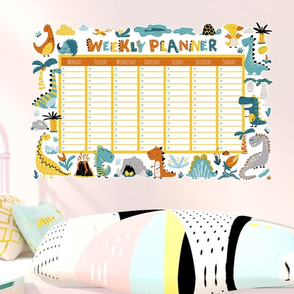 Weekly Planner Wall Decal, Cartoon Dinosaur Growth Chart & Schedule Sticker for Kids' Room, Classroom, Early Education Center - Self-Discipline & Learning Decor