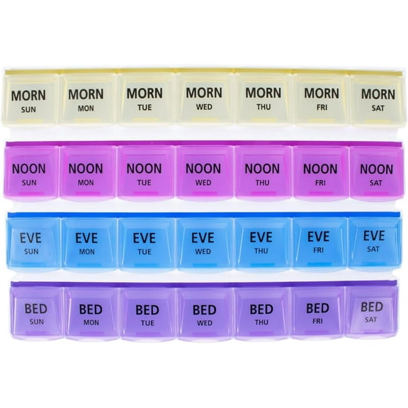 Weekly Portable Pill Organizer, AM/PM, 4 Times a Day, 7 Day Medicine Pill Box Planner, Color Coded, 28 Compartment