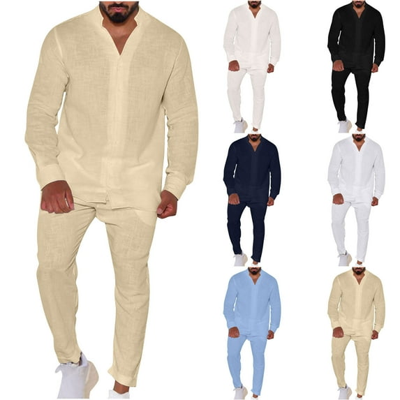 Weekly Prime BiZtdJrK Mens Linen Sets Long Sleeve Button Shirt and Elastic Waist Pants 2 Piece Tracksuit Summer Lightweight Beach Outfits Beige XXL
