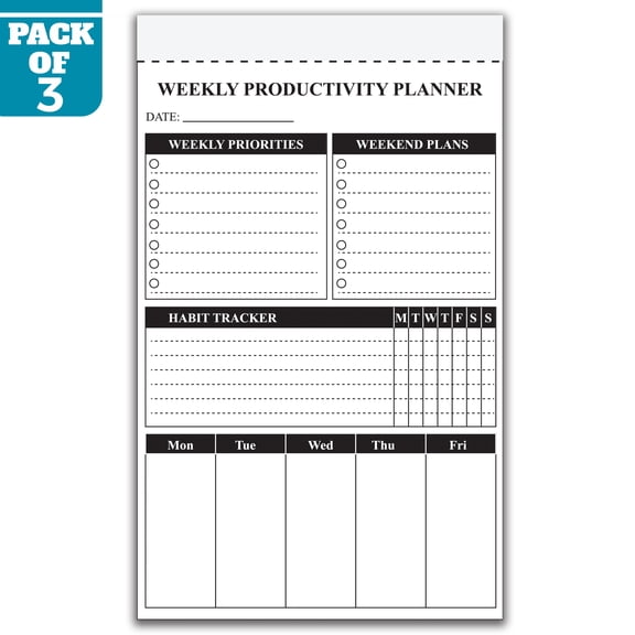 Weekly Productivity Planner Notepad 5.5 x 8.5 Inch, Pack of 3 Weekly Planning Pads, 50 Sheets Per Pad, Habit Tracker and Goal Planner for Home, Office, School, Made in USA