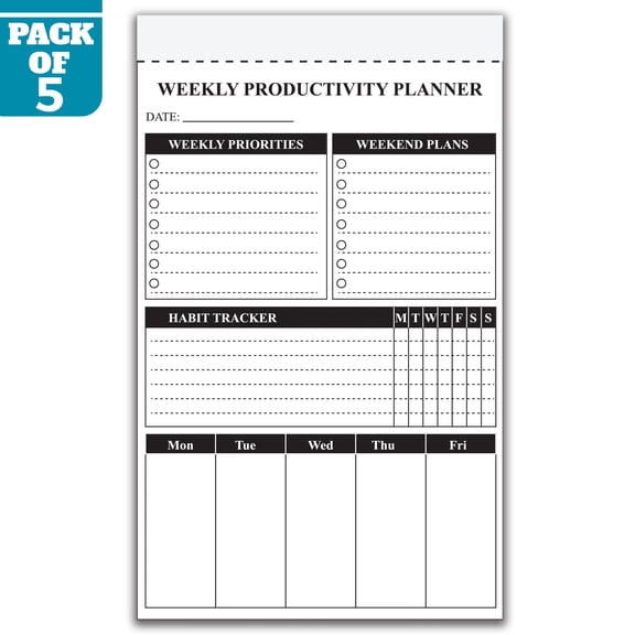 Weekly Productivity Planner Notepad 5.5 x 8.5 Inch, Pack of 5 Weekly Planning Pads, 50 Sheets Per Pad, Habit Tracker and Goal Planner for Home, Office, School, Made in USA