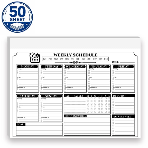 Weekly Schedule Planner Pad, 50 Sheets - Undated 8.5 x 11 Inch with Habit Tracker & To-Do List for Work, School & Home Organization