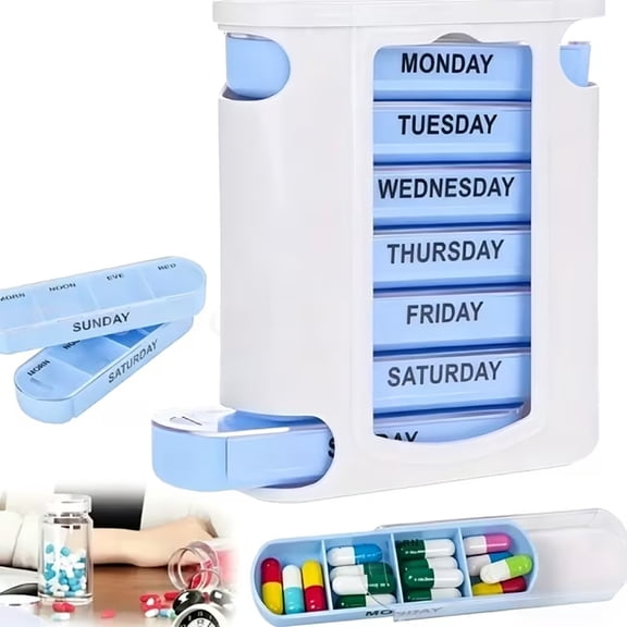 Weekly Stackable Pill Organizer, 4 Times A Day Pill Organizer Box Morning, Noon, Evening, and Bedtime,7 Stackable CompartmentsBlue