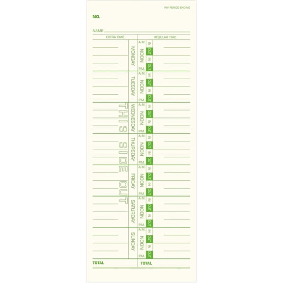 Weekly Time Cards 1-Sided, 3-1/2" x 9", Named Days, 100-Count,Time Cards for Employees, Green Print, Timecards for Time Clocks