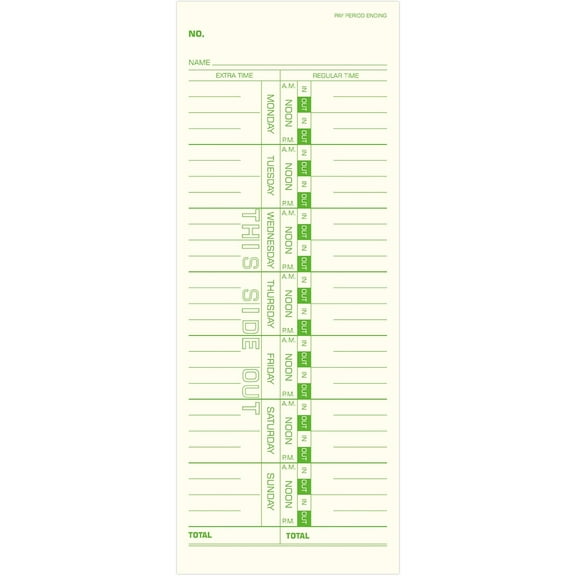 Weekly Time Cards 1-Sided, 3-1/2" x 9",Named Days,Green Print,100-Count,Time Cards for Employees,Clock in Timecards