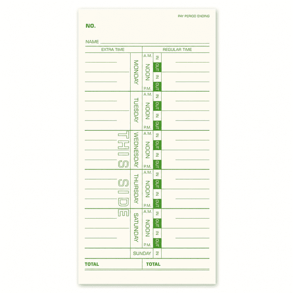 Weekly Time Cards 1000-count 3-1/2" X 9" Named Days Green Print For Employee Time Tracking