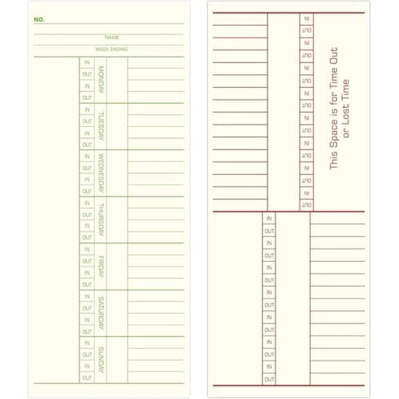 Weekly Time Cards 2-Sided, Named Days, 3-3/8" x 8-1/4", 1000-Count, Time Cards for Employees, Green/Red Print, Timecards for Time Clocks