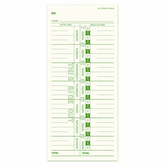 Weekly Time Cards 500-count 3-1/2" x 9" Named Days Green Print For Employee Time Clocks