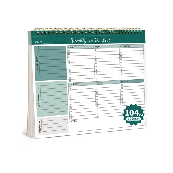 Weekly To Do List Notepad, 52 Undated Duplex Printed Sheets 100 GSM Thick Paper, 8.5x11 Inch Planner for Work Home Office, Goal Setting Tasks, Green
