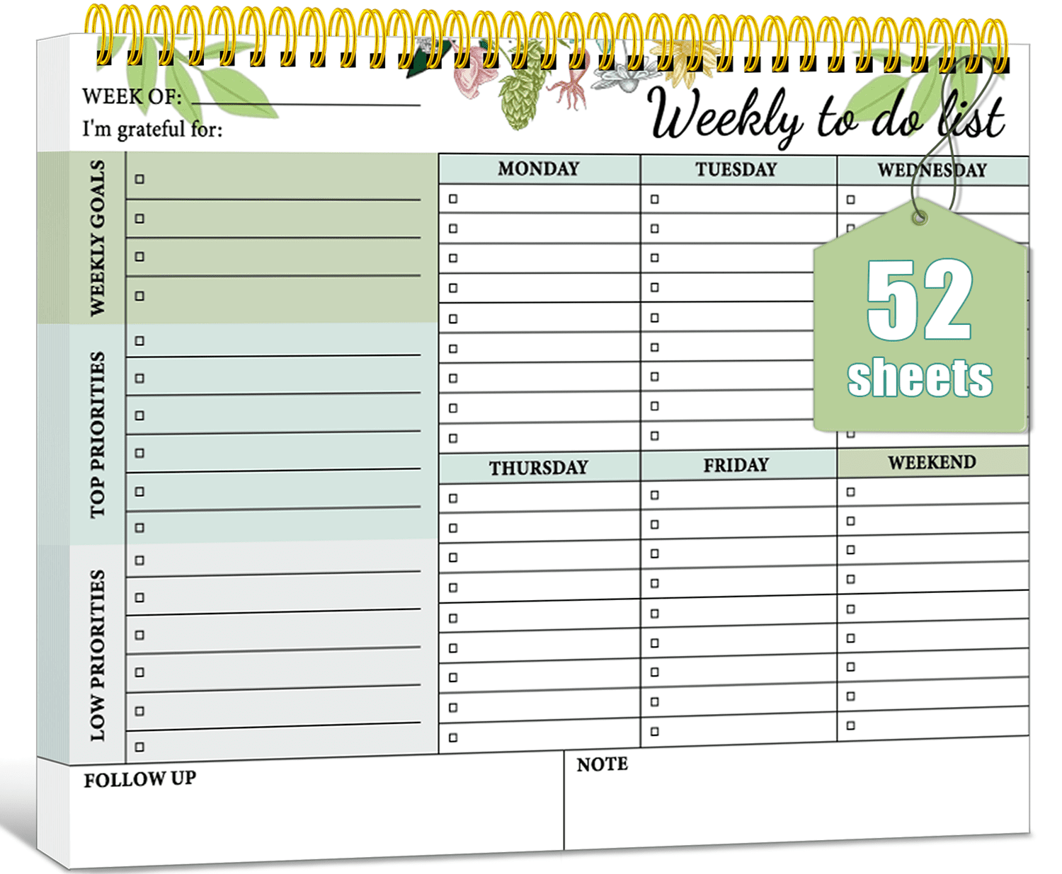 Weekly To Do List Notepad with 52 Undated Sheets (8.5"×11"), To Do List ...