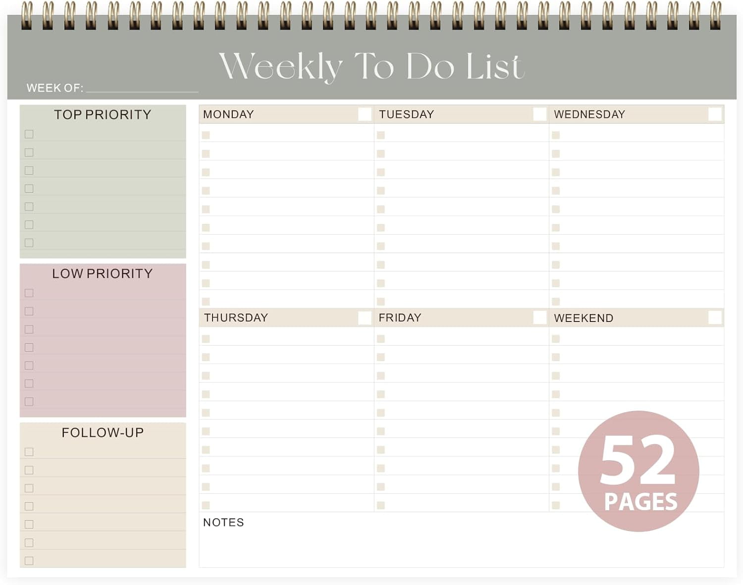 Weekly To Do List Notepad, Undated Planner with 52 Sheets (8.5''x11 ...