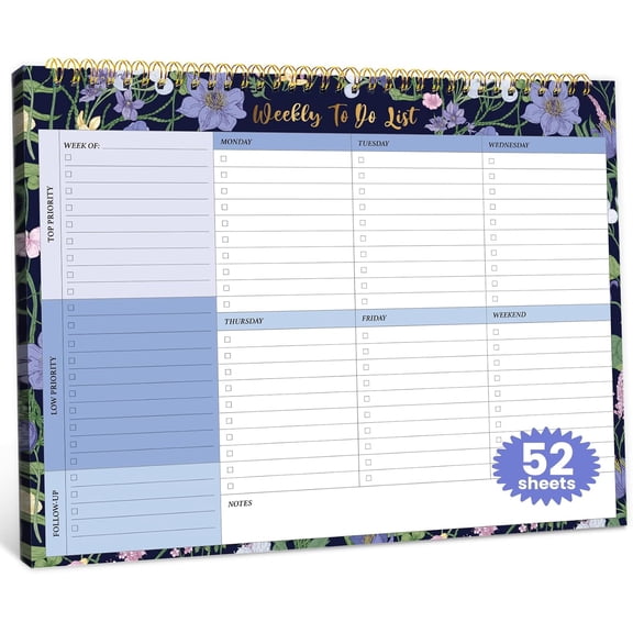 Weekly To Do List Notepad with 52 Undated Sheets8.5"11"- Undated Weekly Planner Notepad for Office Desk Accessories and Supplies - Blue Meadow