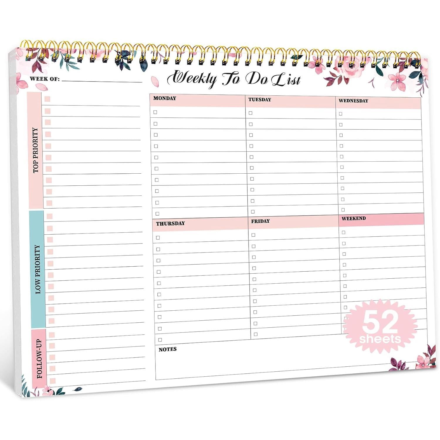 Weekly To Do List Notepad with 52 Undated Sheets-Weekly Desk Planner ...