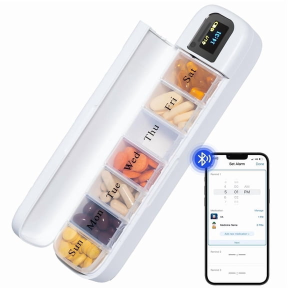 Weekly Travel Pill Case, Portable Pill Reminder for Medicines, Supplements and VitaminsBluetooth Daily Once a Day Pill Dispenser 7 Day with APP, (White)