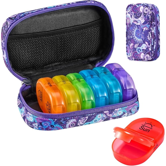 Weekly Travel Pill Organizer 2 Times A Day AM PM Upgraded Rainbow Pill Box 7 Day with Portable Zipper Canvas Pill Case, Medicine Organizer for Pills, Vitamins, Fish Oils - Bloom 01