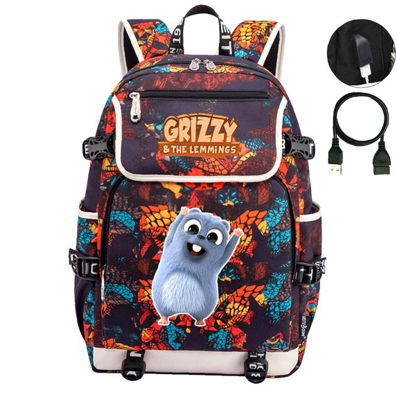 Weekyun Grizzy & Lemmings backpack - Cute Clamshell Design with USB Port, Fits 15" Laptop, Suitable for Ages 6-15+