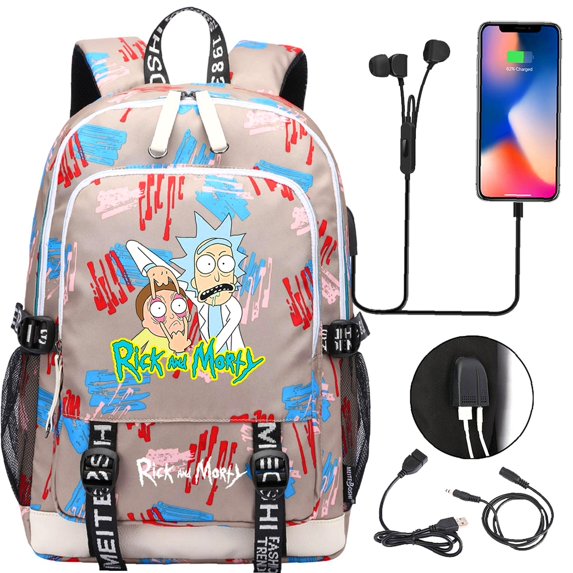 Weekyun Rick and Morty Adventure Backpack for your little one - Cute Design, Multi-Pocket, Fits 15" Laptop, USB Charging Port
