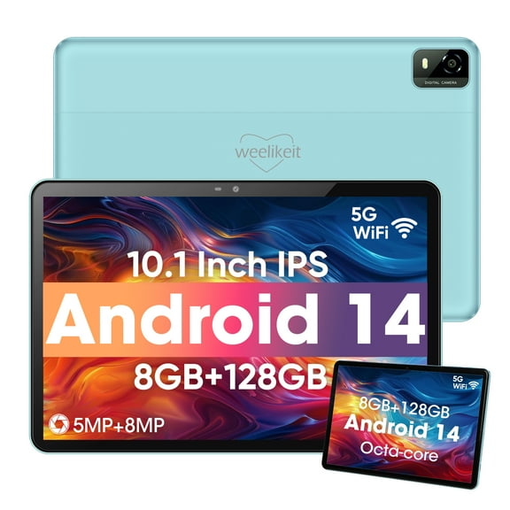 Weelikeit Android 14 Tablets with 10.1-inch IPS HD Screen, 128GB ROM 1TB TF Card Expand, Octa-Core Processor, 8H Batter, Wi-Fi 6, BT 5.0, Dual Cameras, Google Tablets PC for Kids 2024 (Blue)