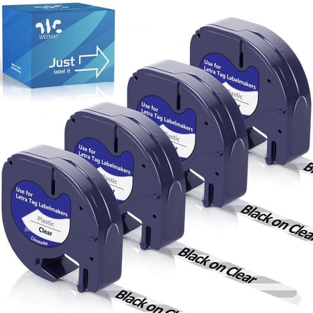 Weemay 4 Pack Compatible Label Tape Replacement for Dymo Letratag Refills LT Clear Plastic Label Cassette 12mm x 4m 16952 S0721530 Black on Clear Tape for Letra Tag Label Maker LT-100T LT-100H QX50