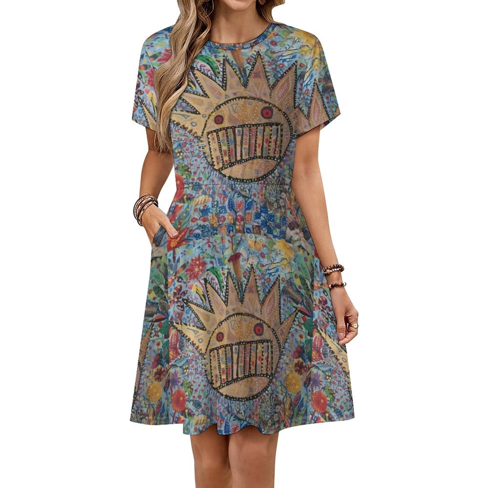 halter dress summer Floral Embroidered Flounce In Blue Multi, Blue Multi / Regular / 18 Women Bodycon Brown Midi/Calf Gathered bodice Adventure Size:40W | 34-36L