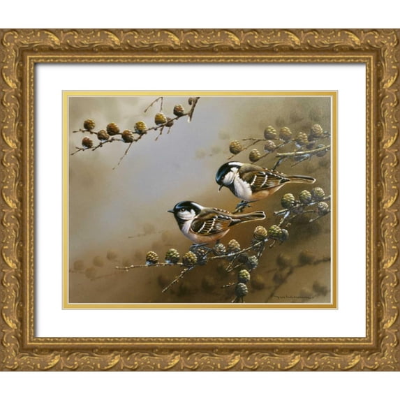 Weenink, Jan 14x12 Gold Ornate Wood Framed with Double Matting Museum Art Print Titled - Two birds on branch