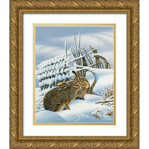 Weenink, Jan 26x31 Gold Ornate Wood Framed with Double Matting Museum Art Print Titled - Bunnies in the snow
