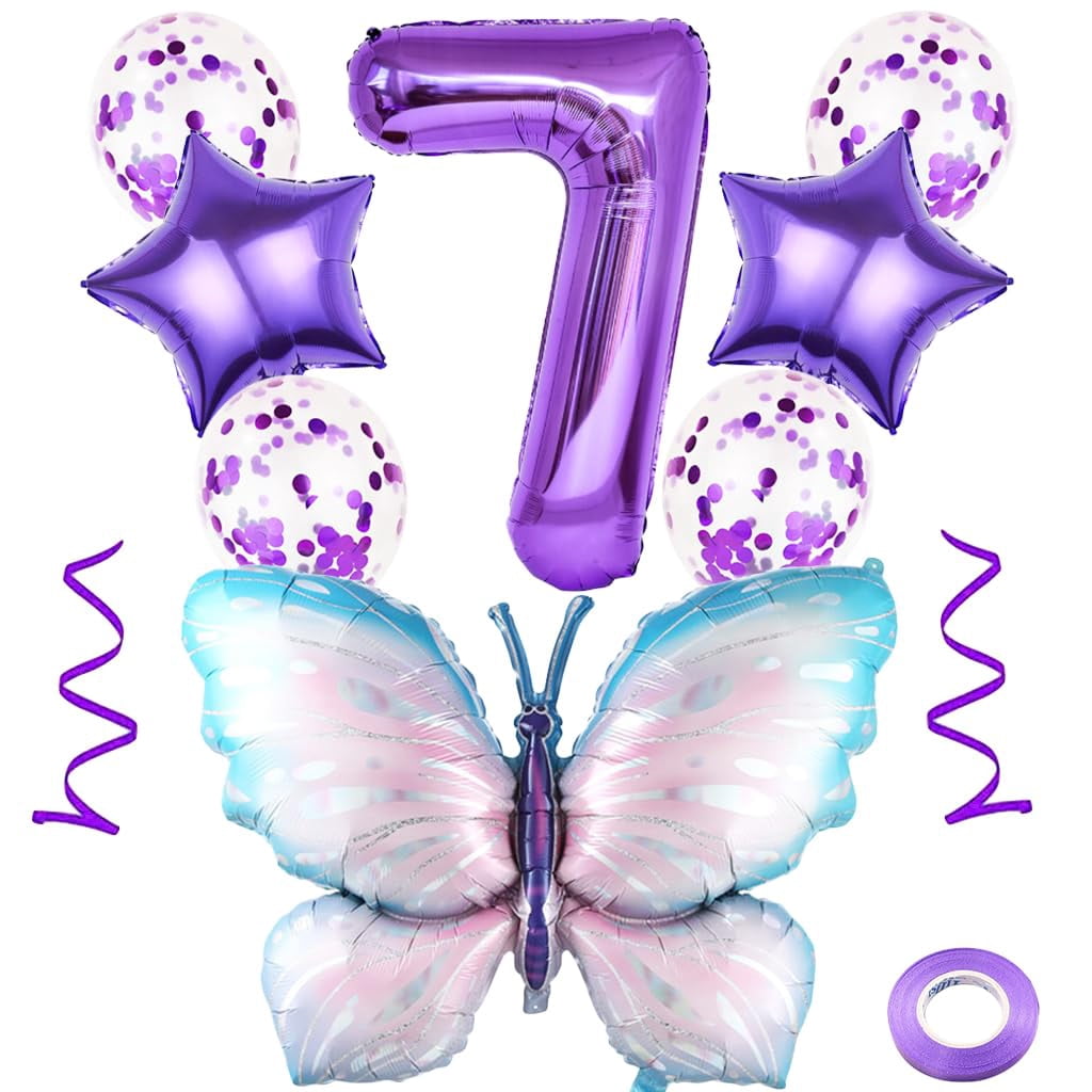Number 7 Birthday Balloon Set - Giant Butterfly Foil Balloons With Bow For Girls Kids Party Decor