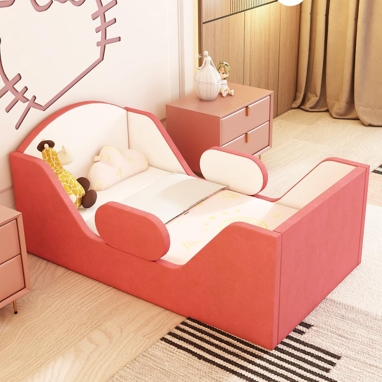 Weeonekids Toddler Bed Round, Toddler Bed with Rail and Round headboard, Standard Crib Size Toddler Upholstered Bed for Children 18 Months to 6 Years,Toddler Floor Bed (No Mattress)