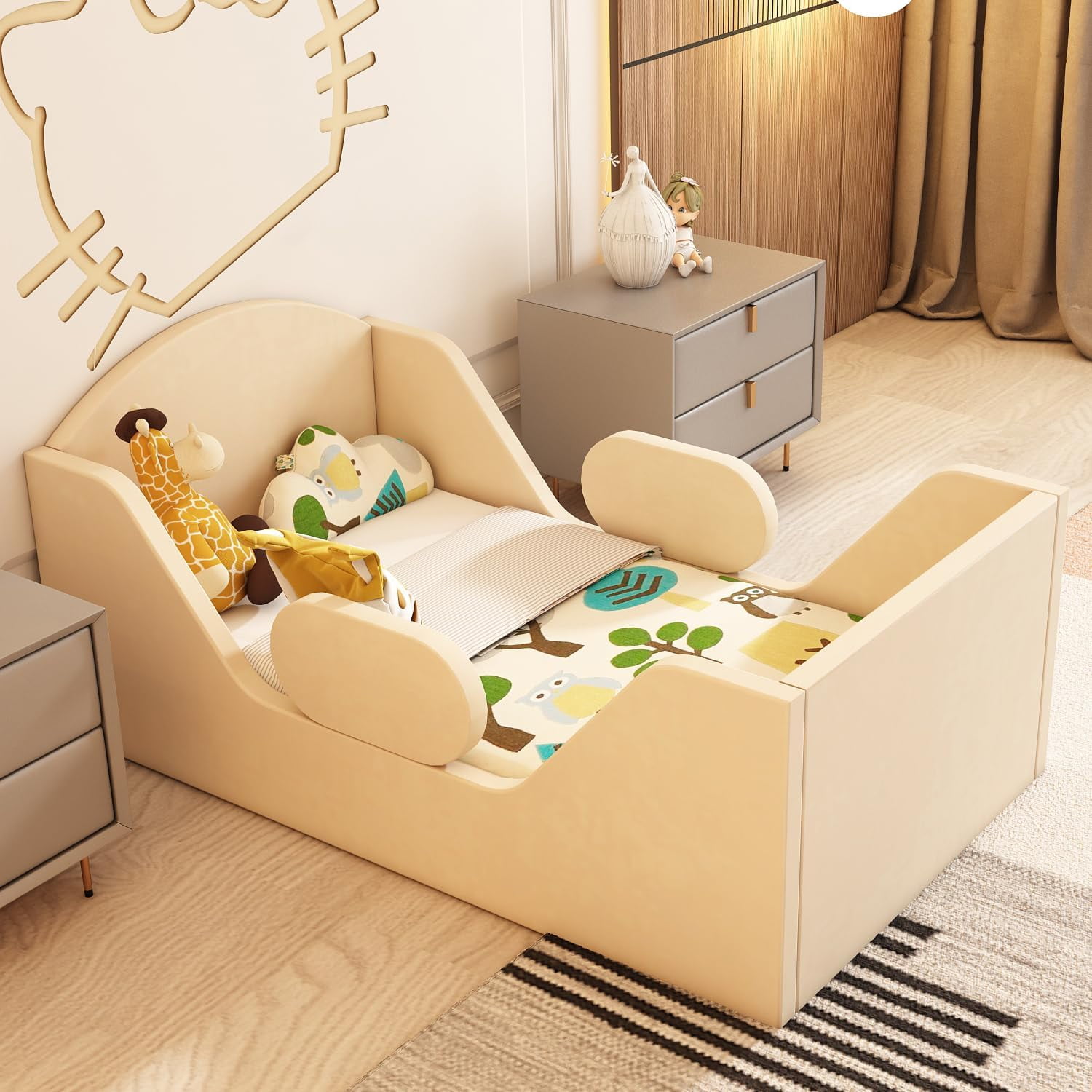 Weeonekids Toddler Bed Round, Toddler Bed with Rail and Round headboard, Standard Crib Size Toddler Upholstered Bed for Children 18 Months to 6 Years,Toddler Floor Bed (No Mattress)