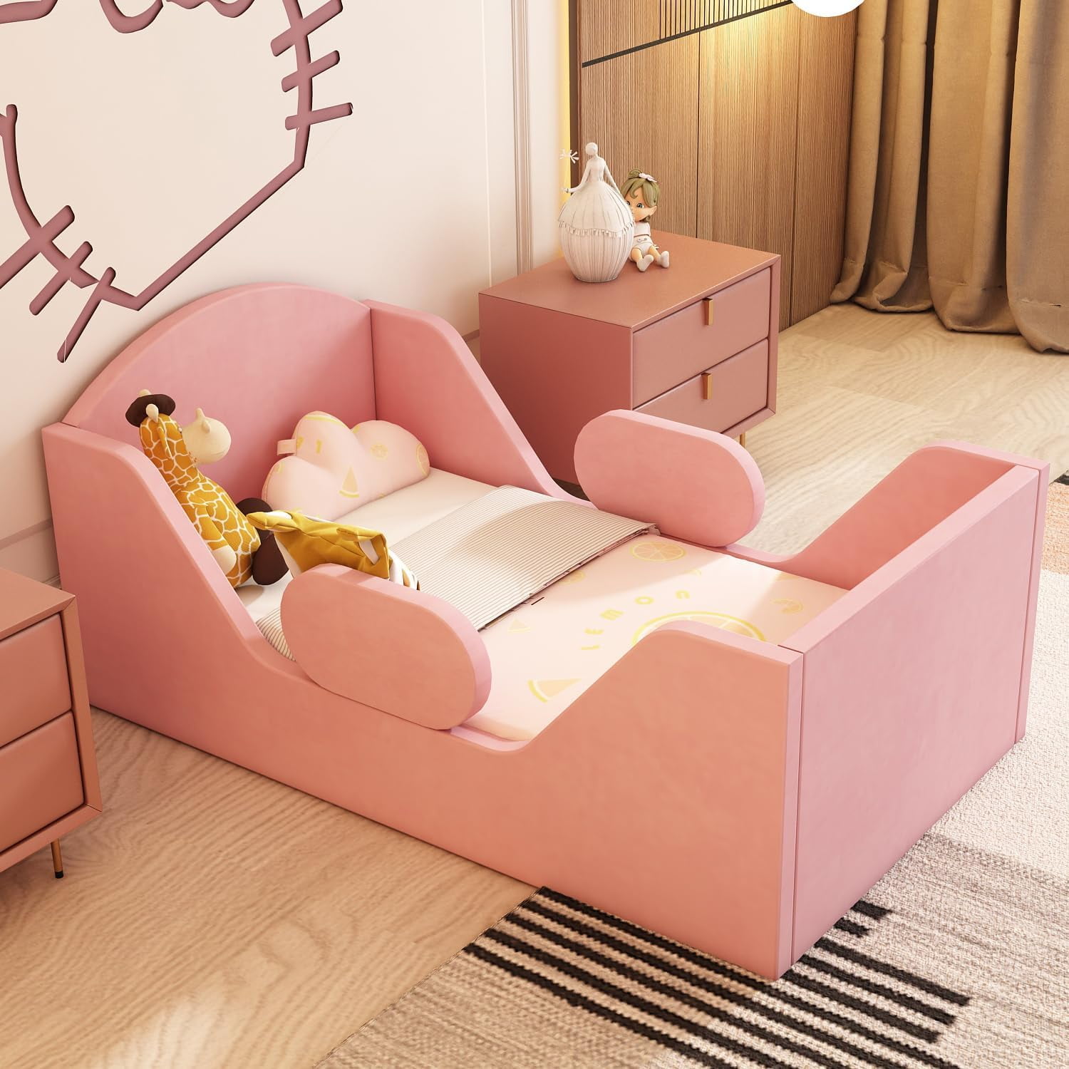 Weeonekids Toddler Bed Round, Toddler Bed with Rail and Round headboard, Standard Crib Size Toddler Upholstered Bed for Children 18 Months to 6 Years,Toddler Floor Bed (No Mattress)